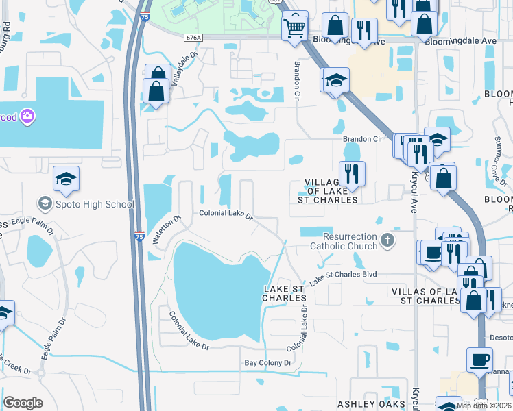 map of restaurants, bars, coffee shops, grocery stores, and more near 6644 Thackston Drive in Riverview
