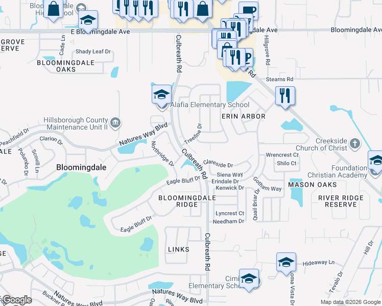 map of restaurants, bars, coffee shops, grocery stores, and more near 3807 Hollow Wood Drive in Valrico