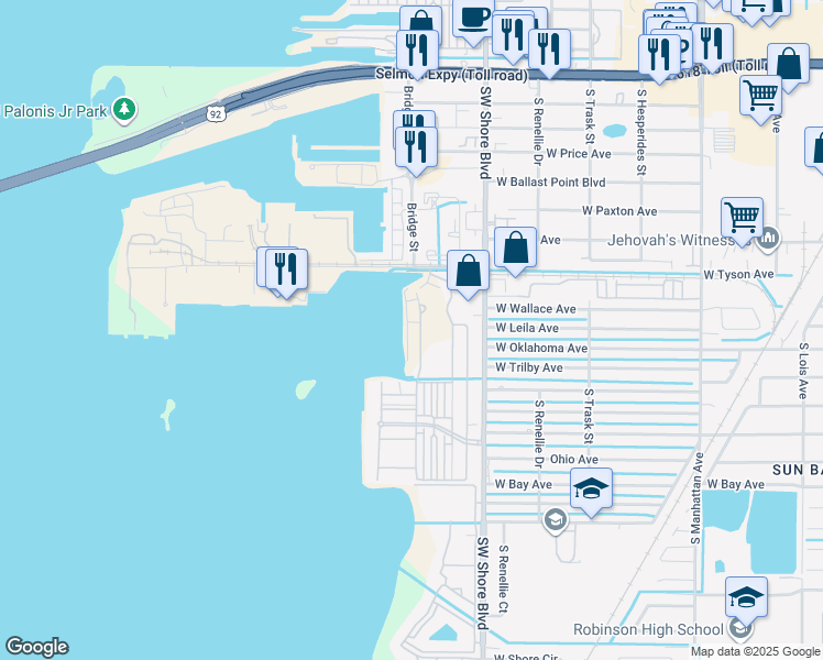 map of restaurants, bars, coffee shops, grocery stores, and more near 5713 Bowen Daniel Drive in Tampa
