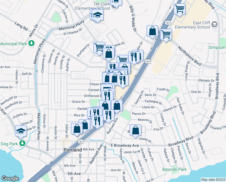 map of restaurants, bars, coffee shops, grocery stores, and more near 1402 Wildcat Drive in Portland