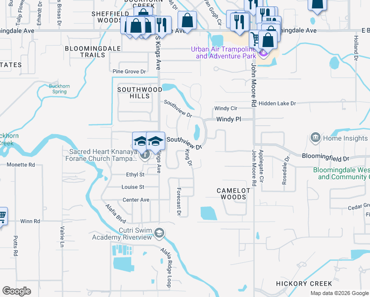 map of restaurants, bars, coffee shops, grocery stores, and more near 3816 Southview Drive in Brandon