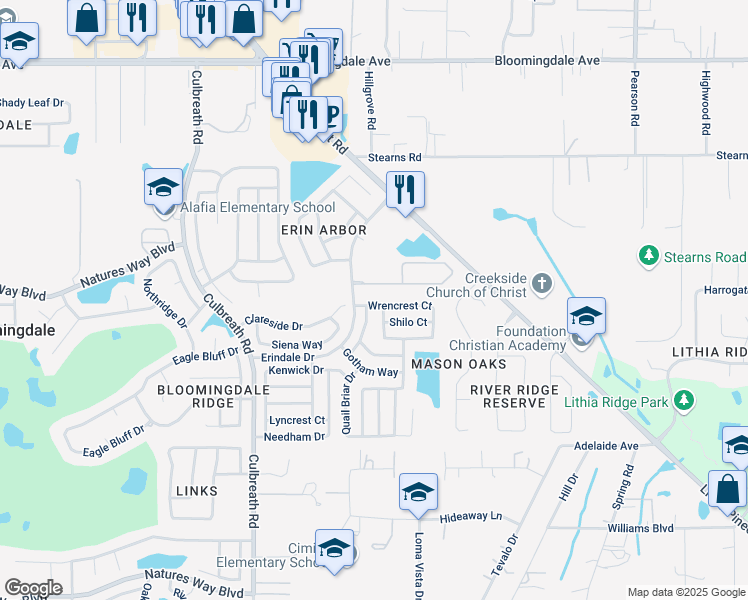 map of restaurants, bars, coffee shops, grocery stores, and more near 2507 Centennial Falcon Drive in Valrico