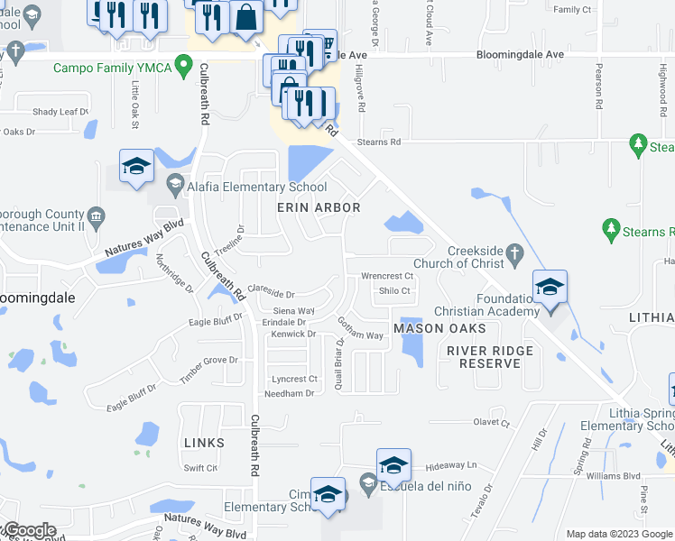 map of restaurants, bars, coffee shops, grocery stores, and more near 2612 Clareside Drive in Valrico