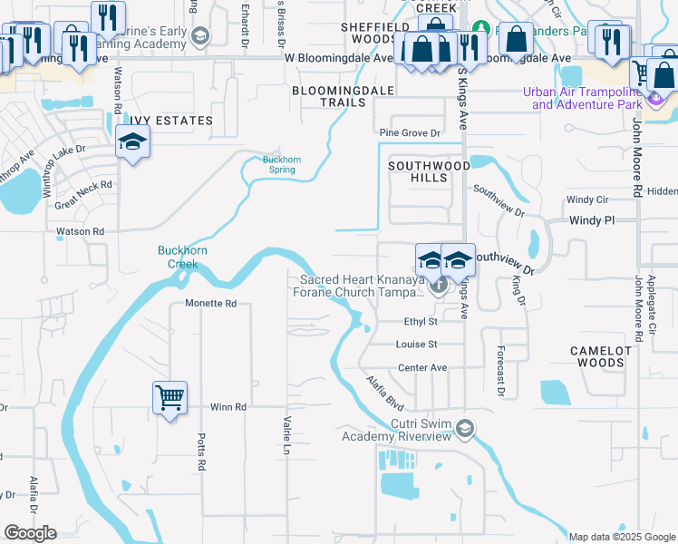 map of restaurants, bars, coffee shops, grocery stores, and more near 3901 Alafia Boulevard in Brandon