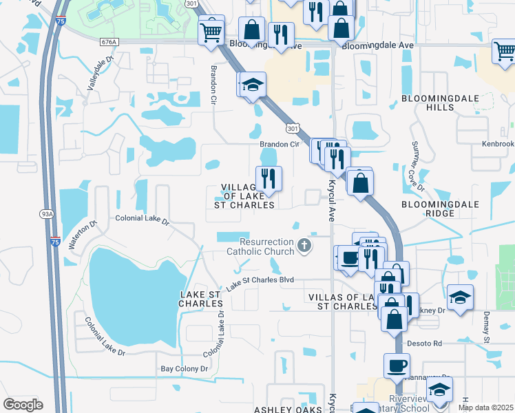 map of restaurants, bars, coffee shops, grocery stores, and more near 6226 Calamari Place in Riverview