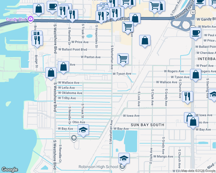 map of restaurants, bars, coffee shops, grocery stores, and more near 4405 West Leila Avenue in Tampa
