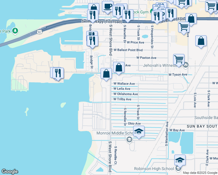 map of restaurants, bars, coffee shops, grocery stores, and more near 5605 South West Shore Boulevard in Tampa