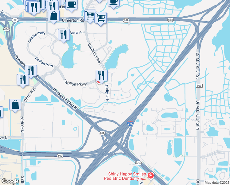 map of restaurants, bars, coffee shops, grocery stores, and more near 281 Valencia Circle in St. Petersburg