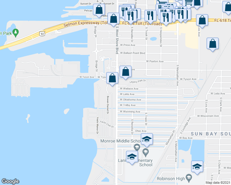 map of restaurants, bars, coffee shops, grocery stores, and more near 5605 South West Shore Boulevard in Tampa