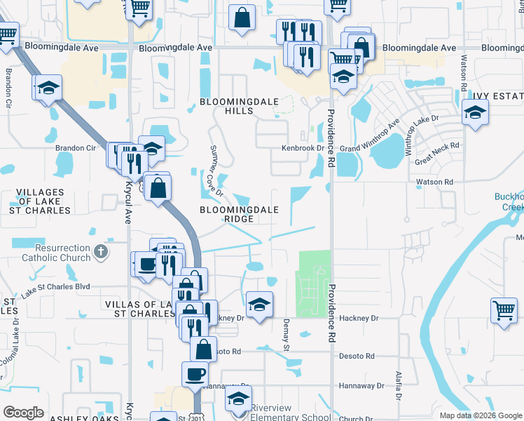 map of restaurants, bars, coffee shops, grocery stores, and more near 6611 Northhaven Court in Riverview