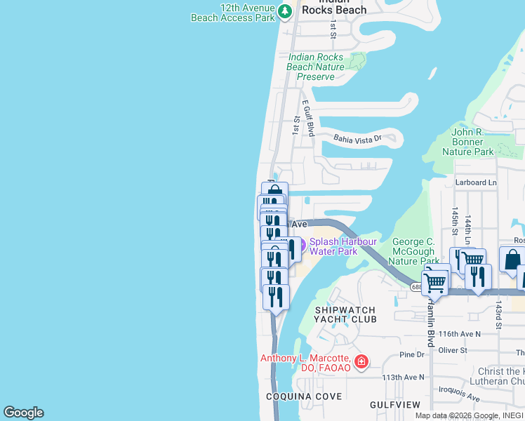 map of restaurants, bars, coffee shops, grocery stores, and more near 506 Gulf Boulevard in Indian Rocks Beach