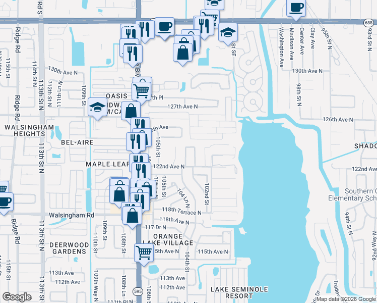 map of restaurants, bars, coffee shops, grocery stores, and more near 12276 104th Street in Largo