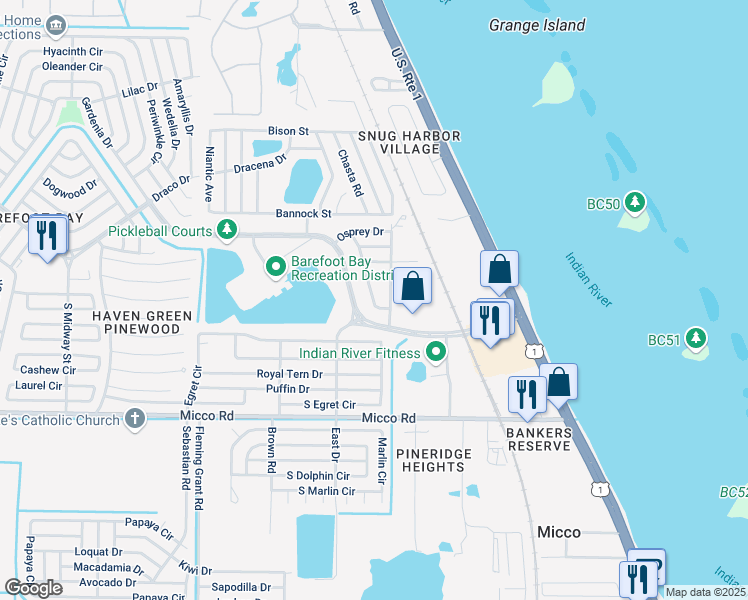 map of restaurants, bars, coffee shops, grocery stores, and more near 410 Plover Drive in Micco