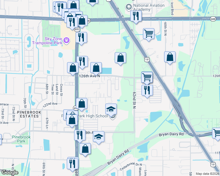 map of restaurants, bars, coffee shops, grocery stores, and more near 6414 125th Avenue in Largo