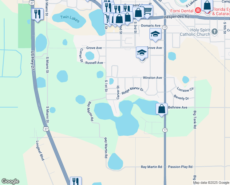 map of restaurants, bars, coffee shops, grocery stores, and more near 121 Ridge Manor Drive in Lake Wales