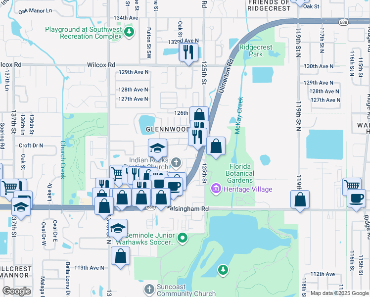 map of restaurants, bars, coffee shops, grocery stores, and more near 12501 Ulmerton Road in Largo