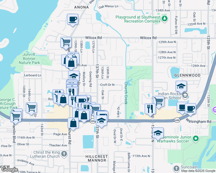 map of restaurants, bars, coffee shops, grocery stores, and more near 13596 Croft Drive North in Largo