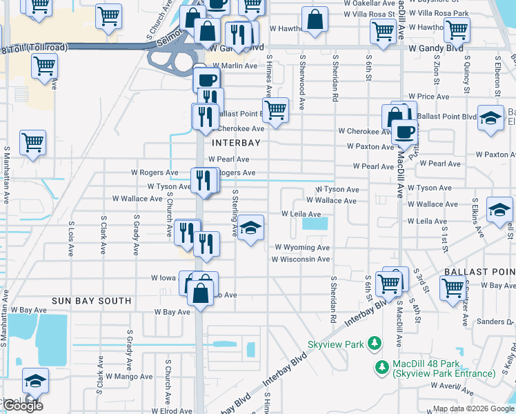 map of restaurants, bars, coffee shops, grocery stores, and more near 3608 West Wallace Avenue in Tampa