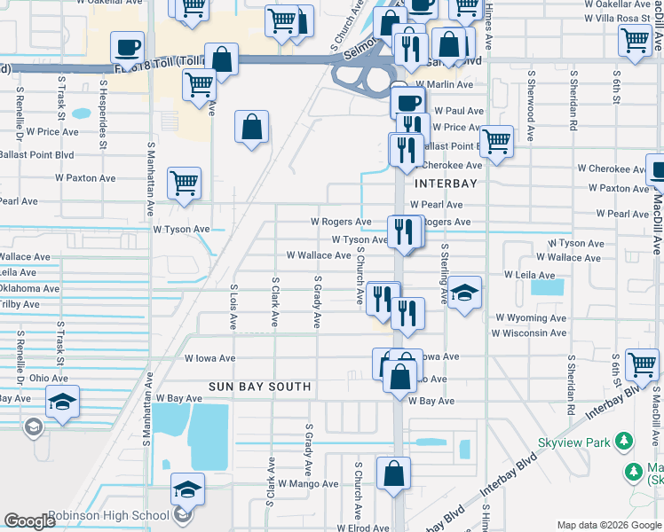 map of restaurants, bars, coffee shops, grocery stores, and more near 3905 West Leila Avenue in Tampa