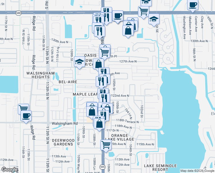 map of restaurants, bars, coffee shops, grocery stores, and more near 12316 106th Street in Largo