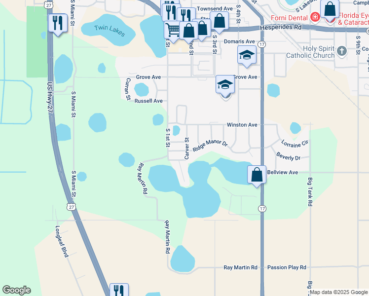 map of restaurants, bars, coffee shops, grocery stores, and more near 121 Ridge Manor Drive in Lake Wales
