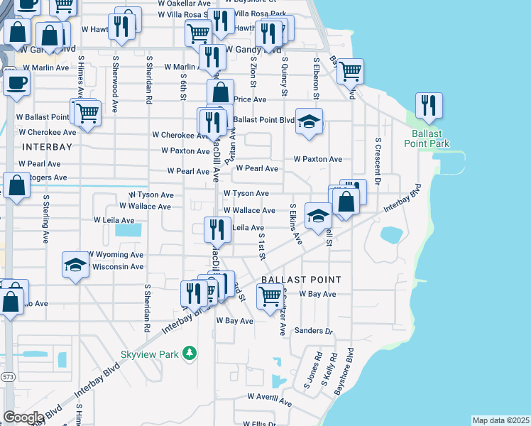 map of restaurants, bars, coffee shops, grocery stores, and more near 2818 West Wallace Avenue in Tampa