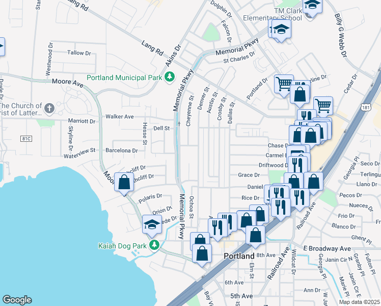 map of restaurants, bars, coffee shops, grocery stores, and more near 1501 Denver Street in Portland