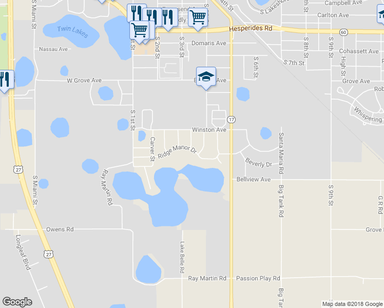 map of restaurants, bars, coffee shops, grocery stores, and more near 312 Ridge Manor Drive in Lake Wales