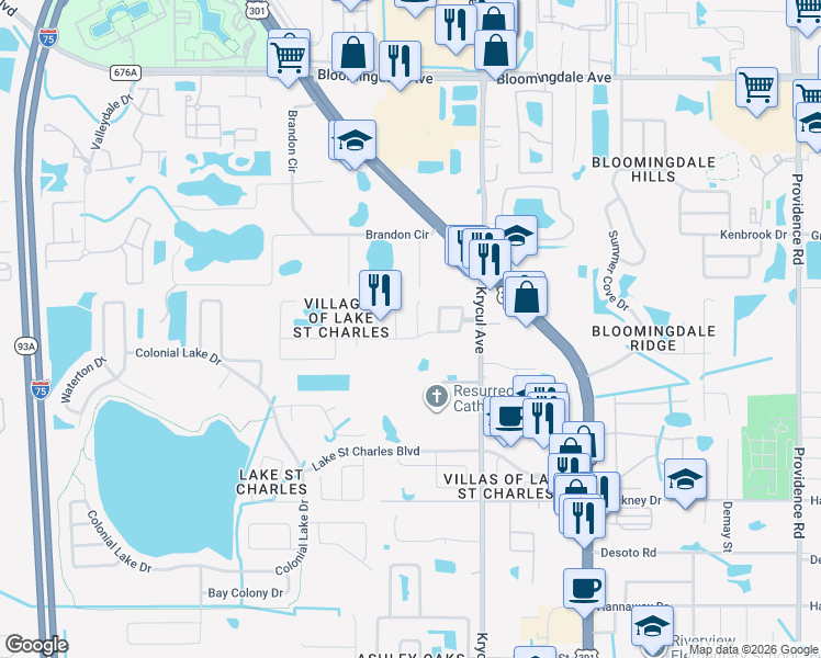 map of restaurants, bars, coffee shops, grocery stores, and more near 6219 Venezia Place in Riverview