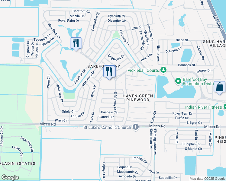 map of restaurants, bars, coffee shops, grocery stores, and more near 844 Hawthorn Circle in Sebastian
