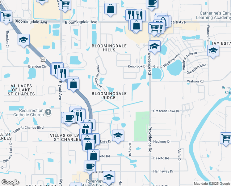 map of restaurants, bars, coffee shops, grocery stores, and more near 6611 Northhaven Court in Riverview