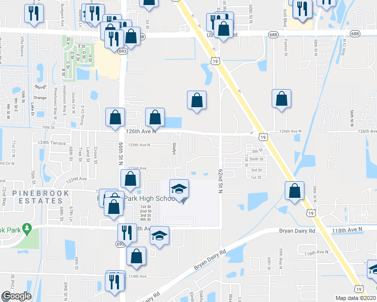 map of restaurants, bars, coffee shops, grocery stores, and more near 78 Bruce Boulevard East in Largo