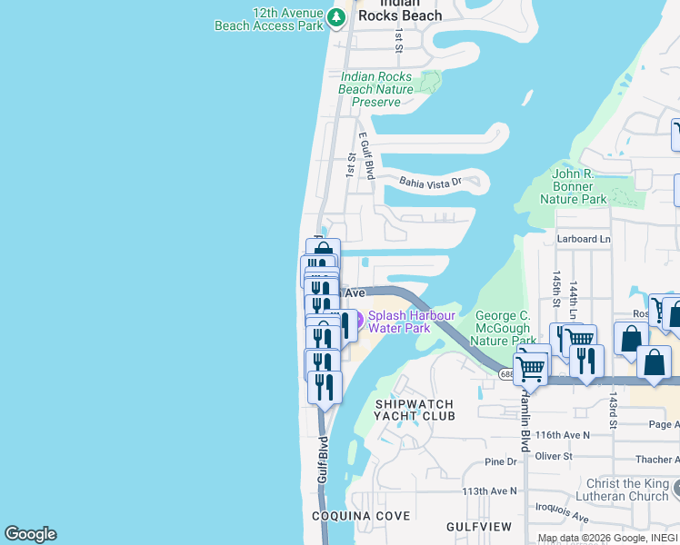 map of restaurants, bars, coffee shops, grocery stores, and more near 104 1st Street in Indian Rocks Beach