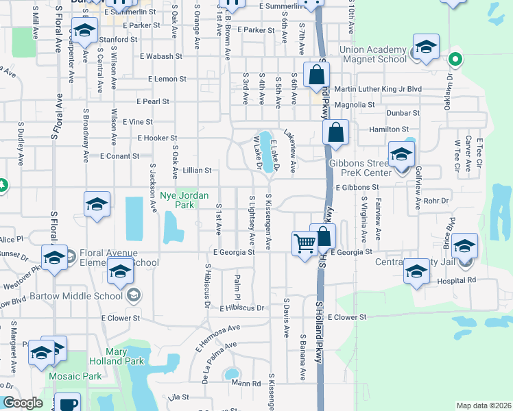 map of restaurants, bars, coffee shops, grocery stores, and more near 1190 South Lightsey Avenue in Bartow
