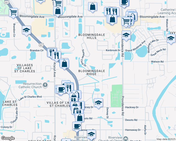 map of restaurants, bars, coffee shops, grocery stores, and more near 6649 Summer Cove Drive in Riverview