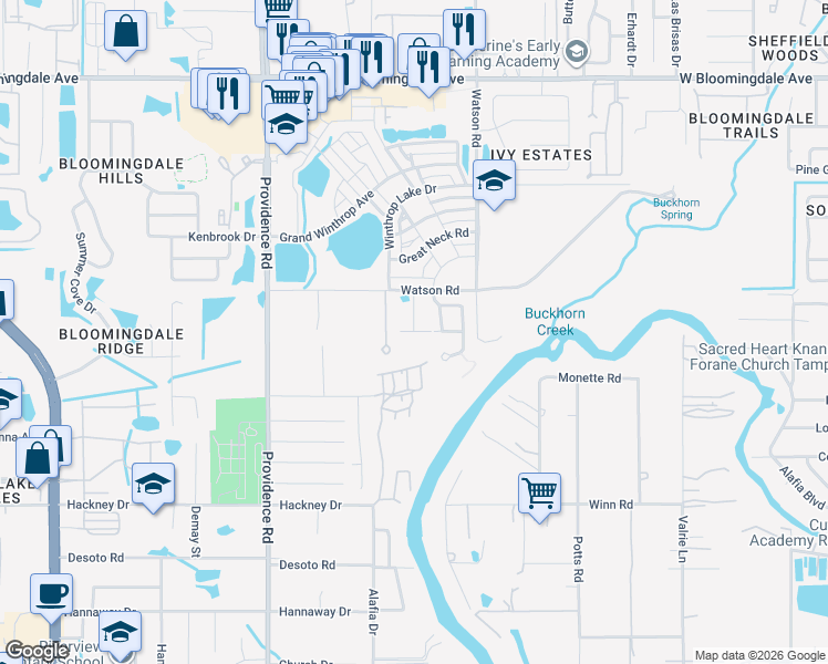 map of restaurants, bars, coffee shops, grocery stores, and more near 11209 Delicate Rose Court in Riverview