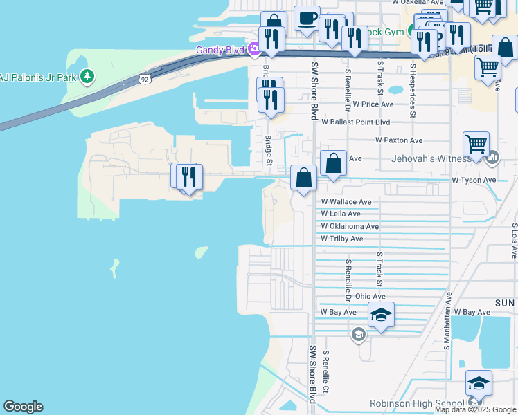 map of restaurants, bars, coffee shops, grocery stores, and more near 5713 Bowen Daniel Drive in Tampa