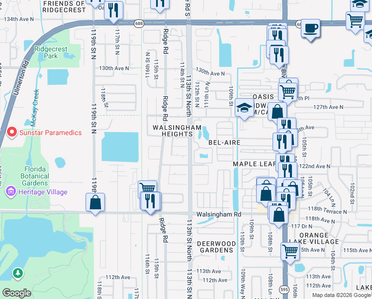 map of restaurants, bars, coffee shops, grocery stores, and more near 11302 123rd Terrace North in Largo