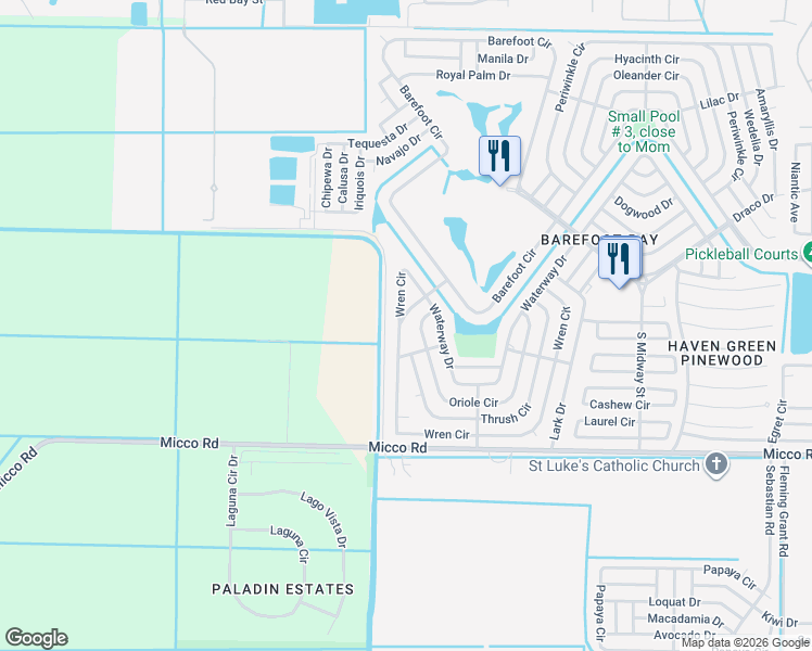 map of restaurants, bars, coffee shops, grocery stores, and more near 1098 Wren Circle in Micco