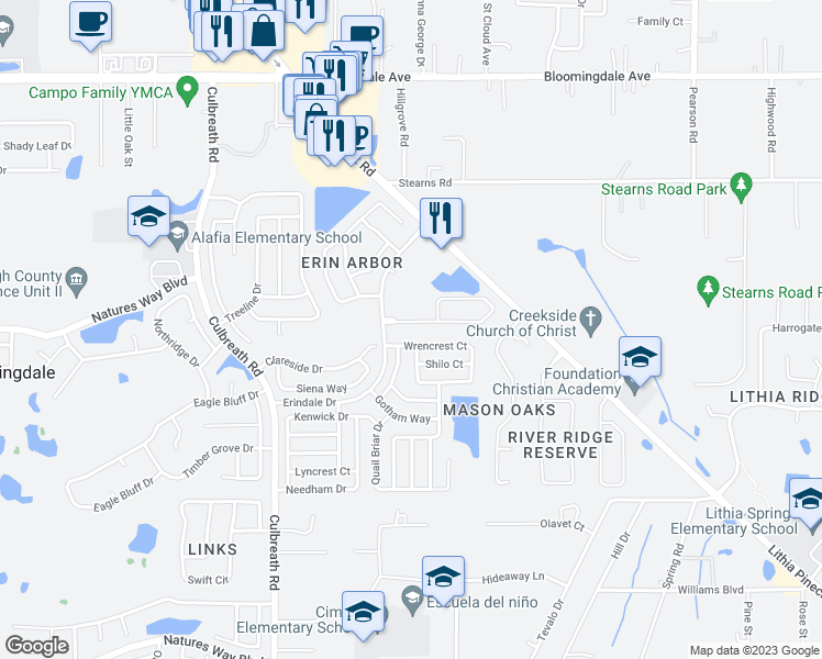 map of restaurants, bars, coffee shops, grocery stores, and more near 2507 Centennial Falcon Drive in Valrico