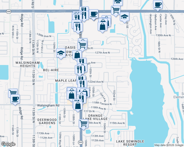 map of restaurants, bars, coffee shops, grocery stores, and more near 12311 105th Street in Largo