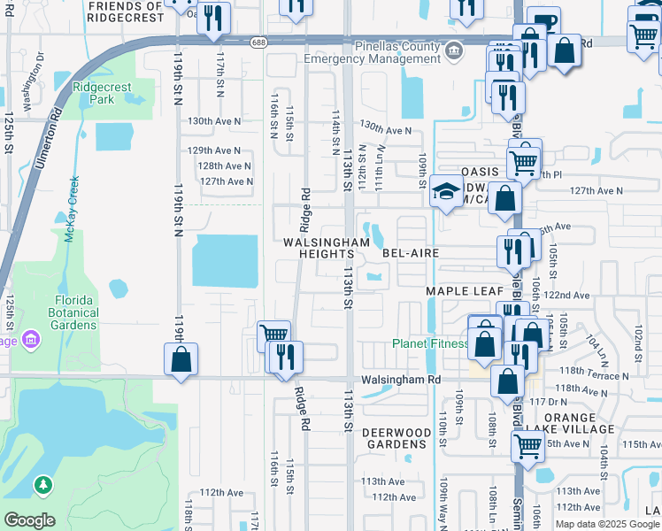 map of restaurants, bars, coffee shops, grocery stores, and more near 11302 123rd Terrace North in Largo