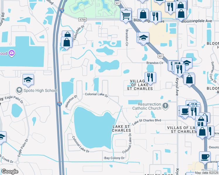 map of restaurants, bars, coffee shops, grocery stores, and more near 6644 Thackston Drive in Riverview