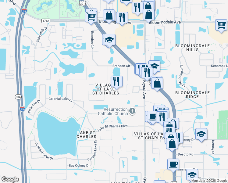 map of restaurants, bars, coffee shops, grocery stores, and more near 6221 Cannoli Place in Riverview