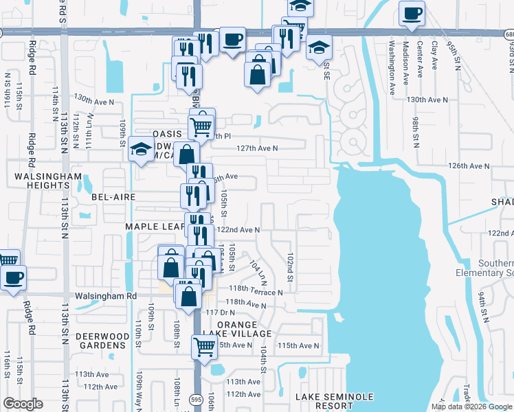map of restaurants, bars, coffee shops, grocery stores, and more near 12276 104th Street in Largo