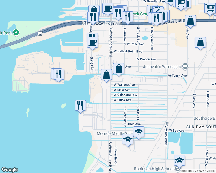 map of restaurants, bars, coffee shops, grocery stores, and more near 5605 South West Shore Boulevard in Tampa