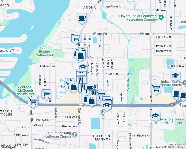 map of restaurants, bars, coffee shops, grocery stores, and more near 12255 Mallory Drive in Largo
