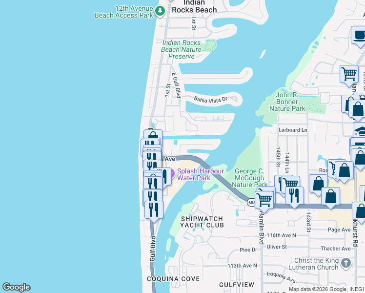 map of restaurants, bars, coffee shops, grocery stores, and more near 301 6th Avenue North in Indian Rocks Beach