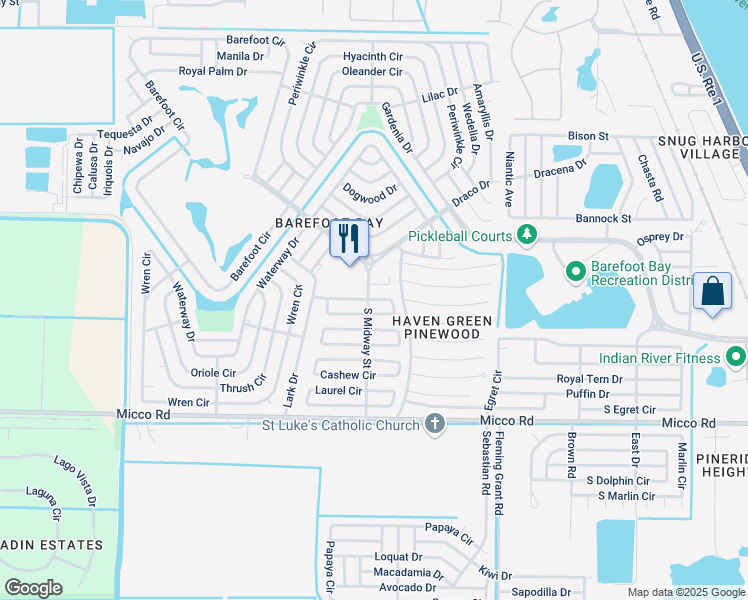 map of restaurants, bars, coffee shops, grocery stores, and more near 844 Hawthorn Circle in Micco