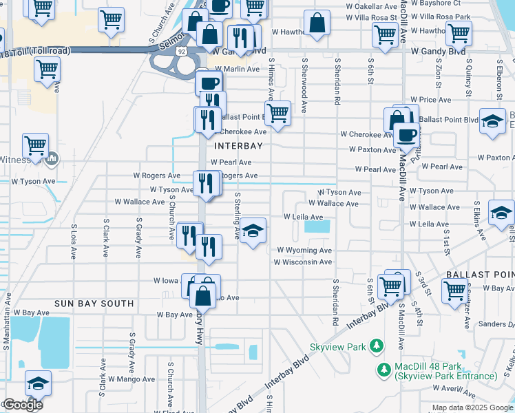 map of restaurants, bars, coffee shops, grocery stores, and more near 3608 West Wallace Avenue in Tampa